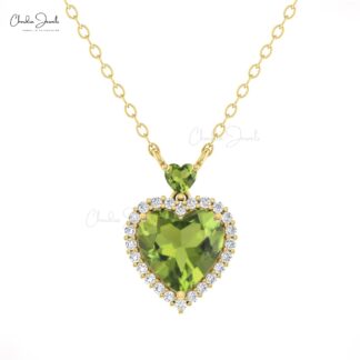 Heart Cut Peridot Necklace With G-H Diamond Pave In 14k Solid Gold Fine Jewelry For Love