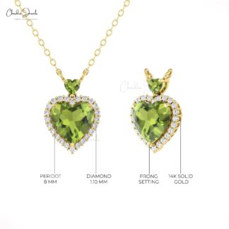 Heart Cut Peridot Necklace With G-H Diamond Pave In 14k Solid Gold Fine Jewelry For Love