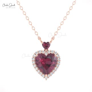Gemstone Heart Necklace In 14k Pure Gold Rhodolite Garnet G-H Diamond Halo Necklaces