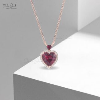 Gemstone Heart Necklace In 14k Pure Gold Rhodolite Garnet G-H Diamond Halo Necklaces