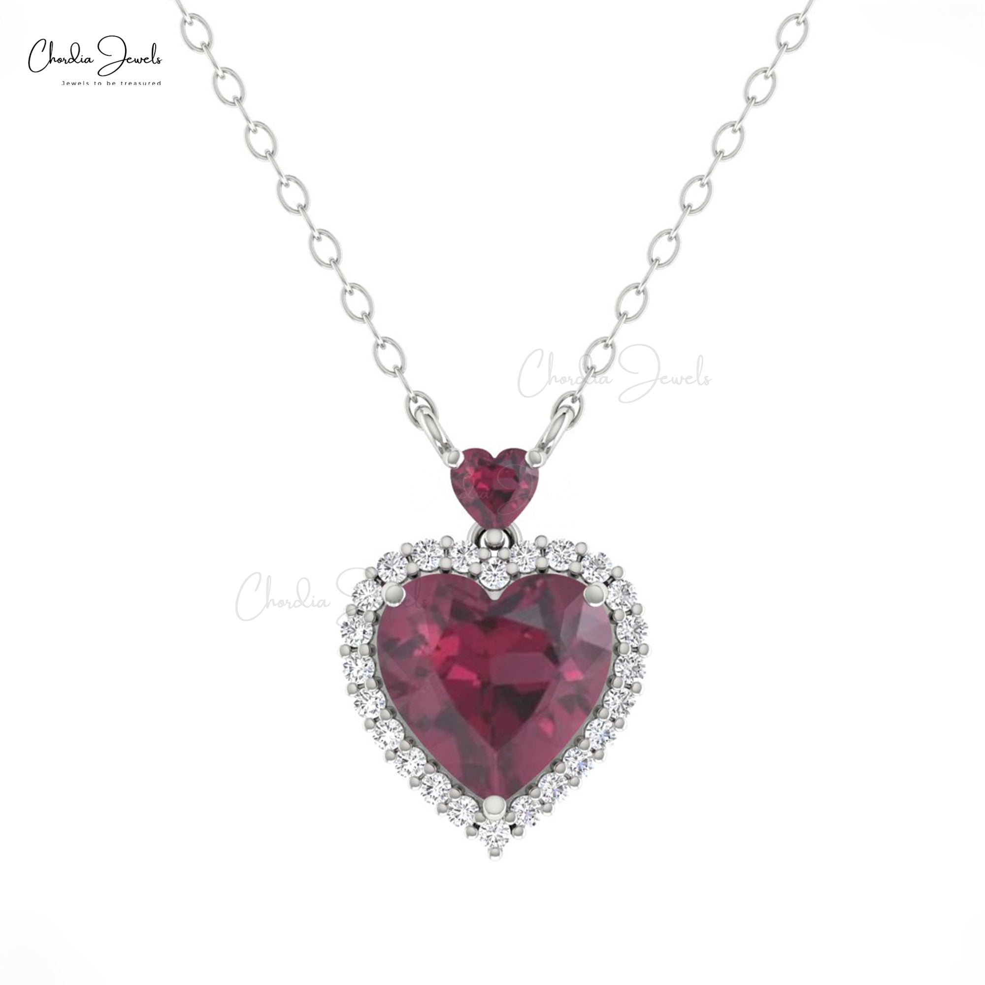 Gemstone Heart Necklace In 14k Pure Gold Rhodolite Garnet G-H Diamond Halo Necklaces
