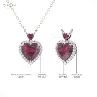 Gemstone Heart Necklace In 14k Pure Gold Rhodolite Garnet G-H Diamond Halo Necklaces