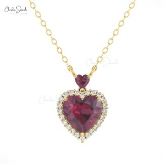 Gemstone Heart Necklace In 14k Pure Gold Rhodolite Garnet G-H Diamond Halo Necklaces