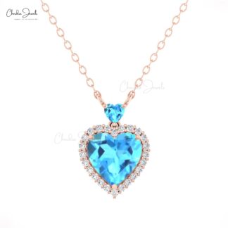 Solid 14k Gold Halo Chain Necklace With 1.75 Ct Swiss Blue Topaz & Diamond Love Jewelry