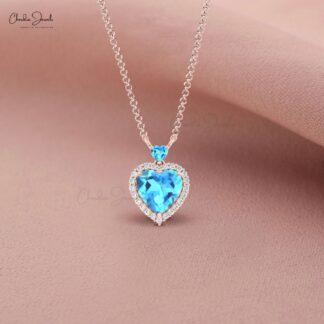 Solid 14k Gold Halo Chain Necklace With 1.75 Ct Swiss Blue Topaz & Diamond Love Jewelry