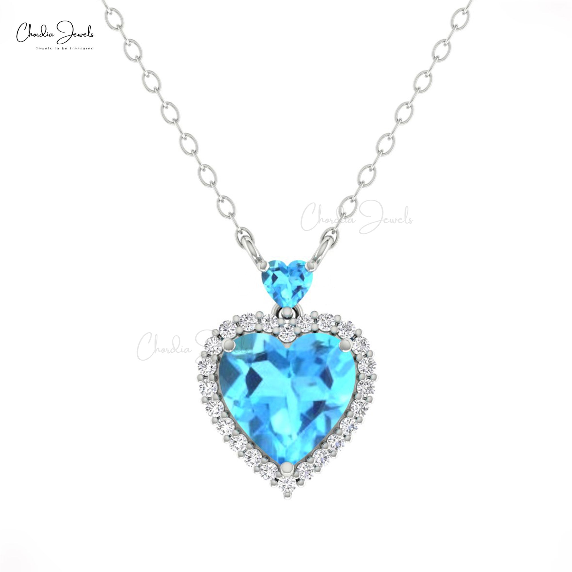 Solid 14k Gold Halo Chain Necklace With 1.75 Ct Swiss Blue Topaz & Diamond Love Jewelry