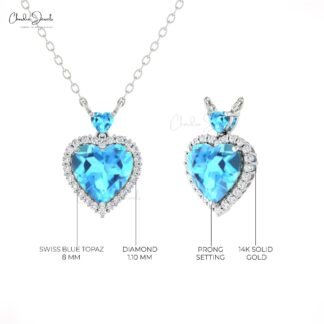 Solid 14k Gold Halo Chain Necklace With 1.75 Ct Swiss Blue Topaz & Diamond Love Jewelry