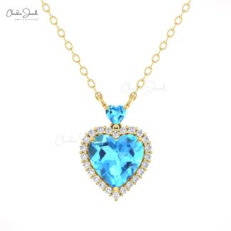 Solid 14k Gold Halo Chain Necklace With 1.75 Ct Swiss Blue Topaz & Diamond Love Jewelry