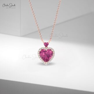 Delicate Heart Chain Necklace In 14k Real Gold Pink Tourmaline & Diamond Necklace For Her