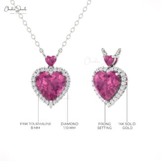 Delicate Heart Chain Necklace In 14k Real Gold Pink Tourmaline & Diamond Necklace For Her