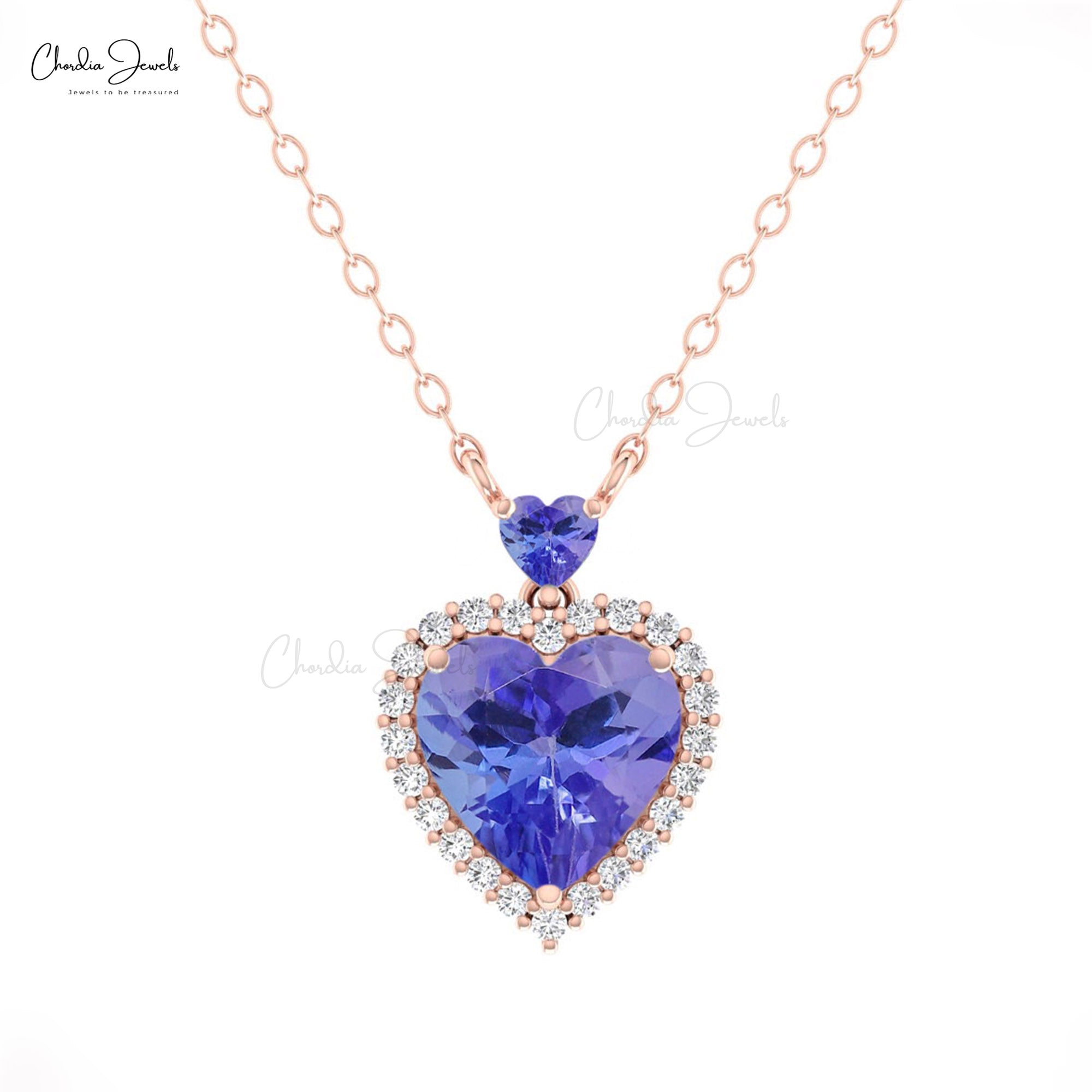 Halo Diamond Love Necklace With 1.75 Ct Tanzanite Gemstone Heart Jewelry In 14k Real Gold