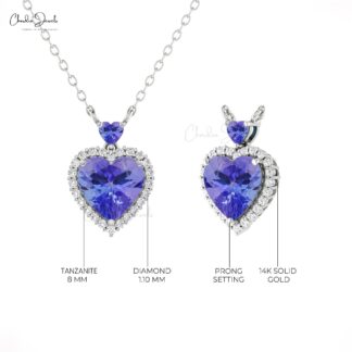 Halo Diamond Love Necklace With 1.75 Ct Tanzanite Gemstone Heart Jewelry In 14k Real Gold
