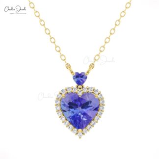 Halo Diamond Love Necklace With 1.75 Ct Tanzanite Gemstone Heart Jewelry In 14k Real Gold