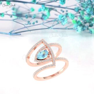Solid 14k Gold Teardrop Ring With 0.63 Ct Aquamarine And Diamond Cocktail Women Rings