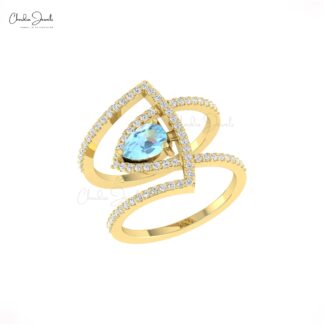 Solid 14k Gold Teardrop Ring With 0.63 Ct Aquamarine And Diamond Cocktail Women Rings