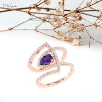 Natural Amethyst Cocktail Ring In Solid 14k Gold Pave Diamond Hallmarked Jewelry For Mom