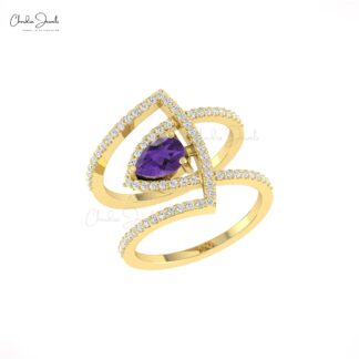 Natural Amethyst Cocktail Ring In Solid 14k Gold Pave Diamond Hallmarked Jewelry For Mom