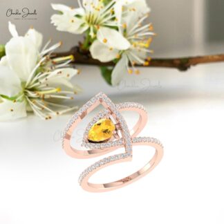 Dual Birthstone Diamond Ring In Pure 14k Gold Citrine 7x5mm Teardrop Engagement Rings