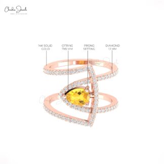Dual Birthstone Diamond Ring In Pure 14k Gold Citrine 7x5mm Teardrop Engagement Rings