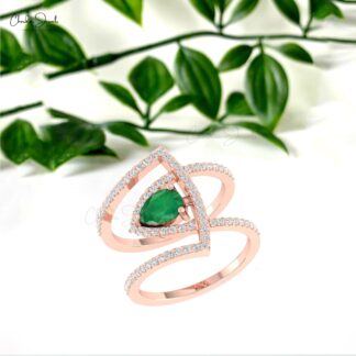Teardrop Wedding Ring In Solid 14k Gold Emerald 7x5mm Gemstone And Diamond Rings