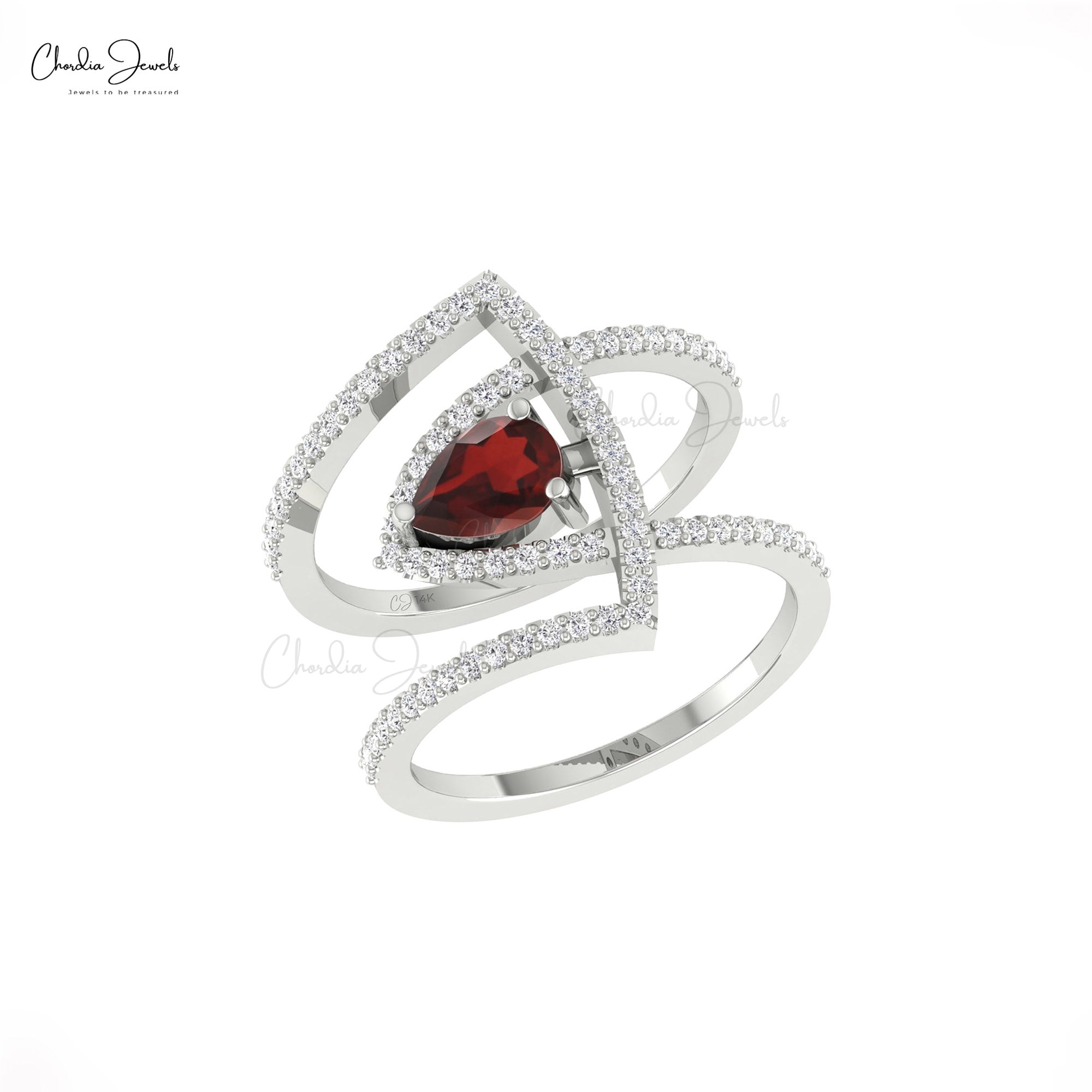 Diamond Overlapping Ring With 7x5mm Garnet January Birthstone Cocktail Ring In 14k Gold
