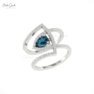 Real 14k Gold Overlapping Ring With 0.63 London Blue Topaz Pave Diamond Anniversary Ring