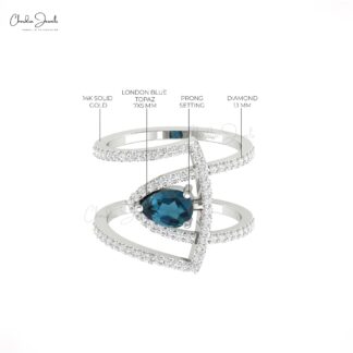 Real 14k Gold Overlapping Ring With 0.63 London Blue Topaz Pave Diamond Anniversary Ring