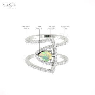 Cocktail Style Curved Ring With 0.63 Ct Fire Opal G-H Diamond Pave Set In 14k Gold Rings