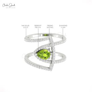 Pear Statement Women Ring In Real 14k Gold Peridot And Diamond Cocktail Hallmark Ring