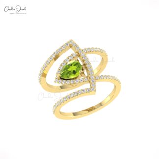Pear Statement Women Ring In Real 14k Gold Peridot And Diamond Cocktail Hallmark Ring