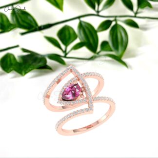 Dainty Diamond Cocktail Ring With 7x5mm Rhodolite Garnet Unique Rings In 14k Pure Gold