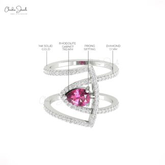 Dainty Diamond Cocktail Ring With 7x5mm Rhodolite Garnet Unique Rings In 14k Pure Gold