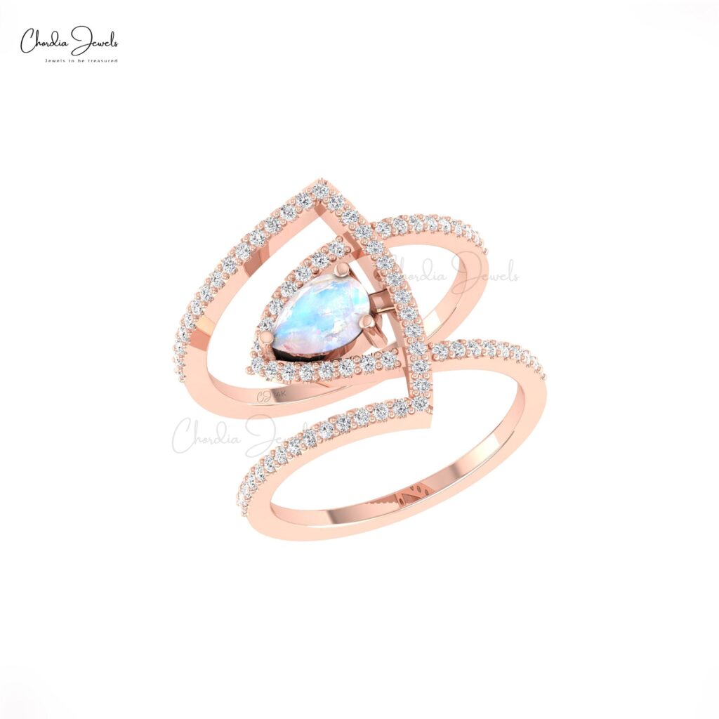 Delicate Rainbow Moonstone Cocktail Ring In Solid 14k Gold Diamond Handmade Fine Jewelry