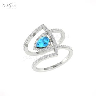 Gemstone Curved Ring In 14k Real Gold Swiss Blue Topaz G-H Diamond Cocktail Rings
