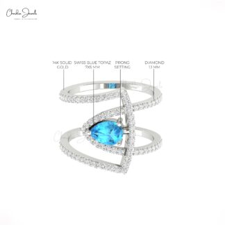 Gemstone Curved Ring In 14k Real Gold Swiss Blue Topaz G-H Diamond Cocktail Rings