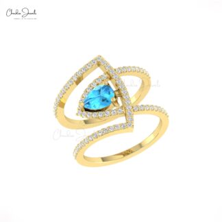Gemstone Curved Ring In 14k Real Gold Swiss Blue Topaz G-H Diamond Cocktail Rings