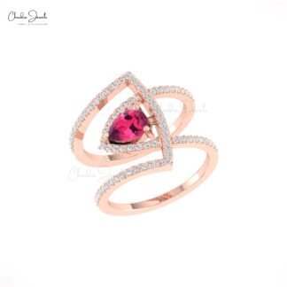 Teardrop Pink Tourmaline Ring In Solid 14k Gold Gemstone Diamond Curved Statement Ring