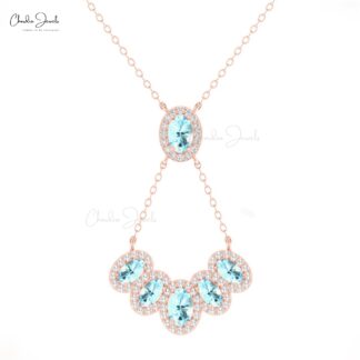 Solid 14k Gold Multi Halo Necklace With 1.76 Ct Aquamarine And Diamond Y Shape Necklace