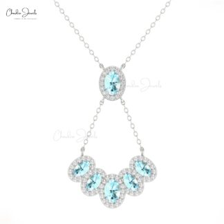 Solid 14k Gold Multi Halo Necklace With 1.76 Ct Aquamarine And Diamond Y Shape Necklace