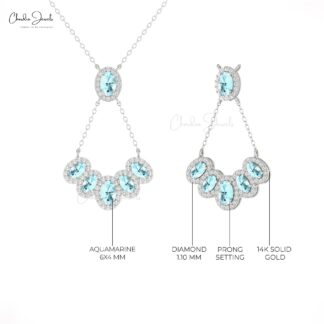 Solid 14k Gold Multi Halo Necklace With 1.76 Ct Aquamarine And Diamond Y Shape Necklace