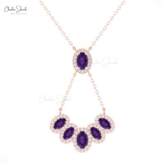 Cluster Y Shape Diamond Necklace In 14k Real Gold Amethyst 1.76 Ct Oval Cut Halo Necklace
