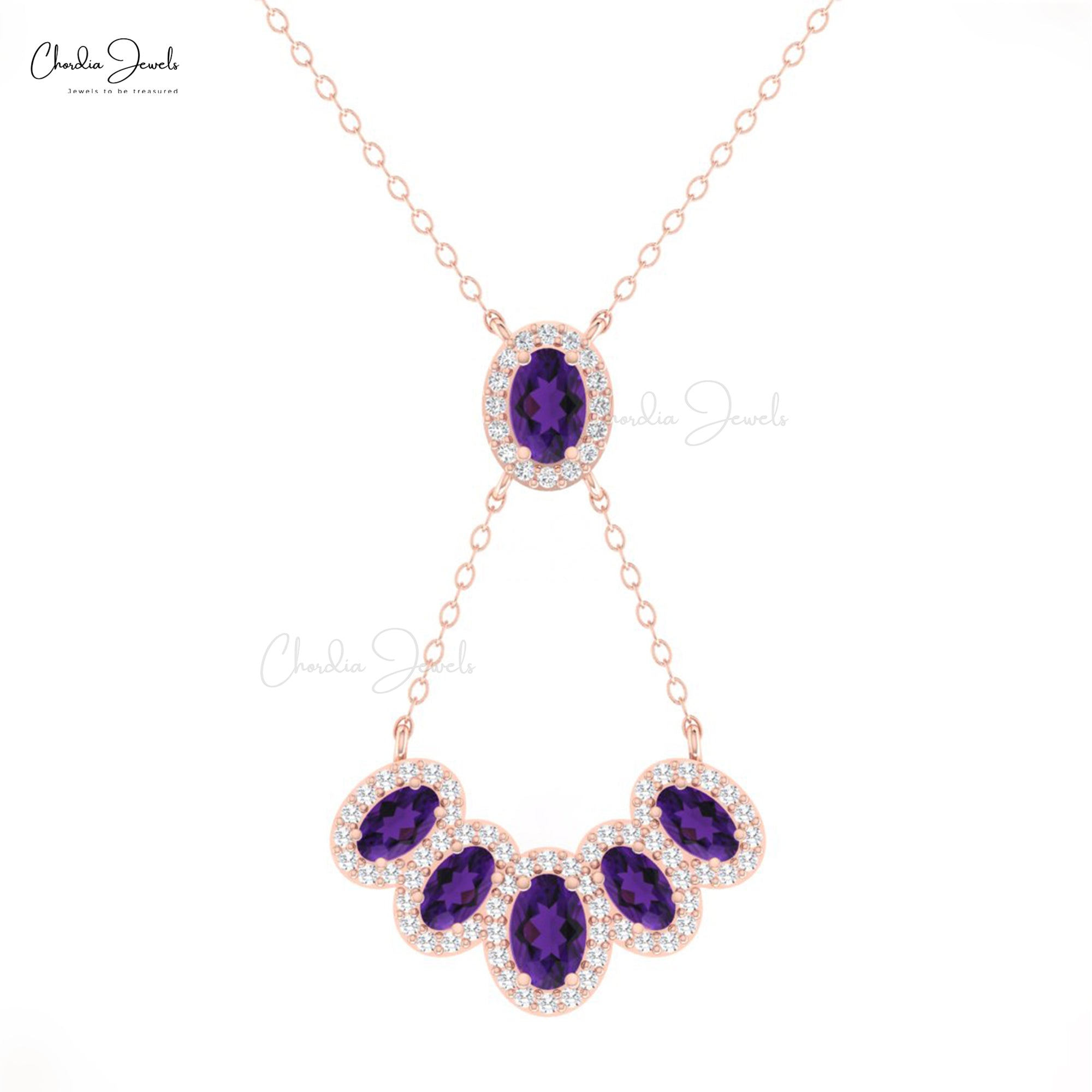 Cluster Y Shape Diamond Necklace In 14k Real Gold Amethyst 1.76 Ct Oval Cut Halo Necklace