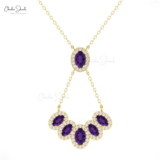 Cluster Y Shape Diamond Necklace In 14k Real Gold Amethyst 1.76 Ct Oval Cut Halo Necklace