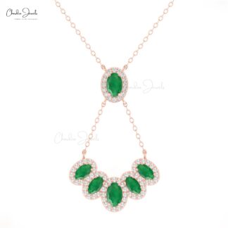 Real 14k Gold Cluster Halo Necklace With 6x4mm Emerald G-H Diamond Chain Necklaces