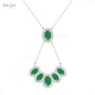 Real 14k Gold Cluster Halo Necklace With 6x4mm Emerald G-H Diamond Chain Necklaces