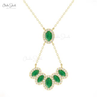 Real 14k Gold Cluster Halo Necklace With 6x4mm Emerald G-H Diamond Chain Necklaces