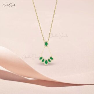Real 14k Gold Cluster Halo Necklace With 6x4mm Emerald G-H Diamond Chain Necklaces