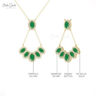 Real 14k Gold Cluster Halo Necklace With 6x4mm Emerald G-H Diamond Chain Necklaces