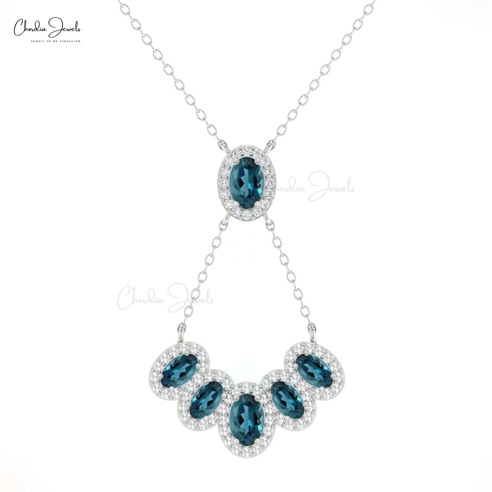 Oval Multi Halo Necklace With 1.7 Ct London Blue Topaz And Diamond 14k Gold Y Necklaces