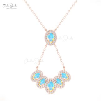 AAA Fire Opal Multi Halo Y Necklace In 14k Solid Gold Diamond Clutser Hallmarked Jewelry